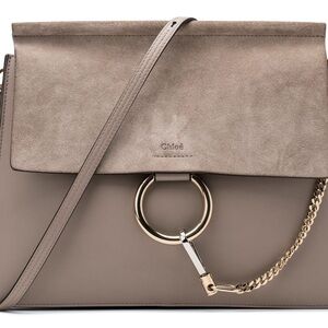 Chloé Taupe Suede and Leather Shoulder Bag with Gold Ring